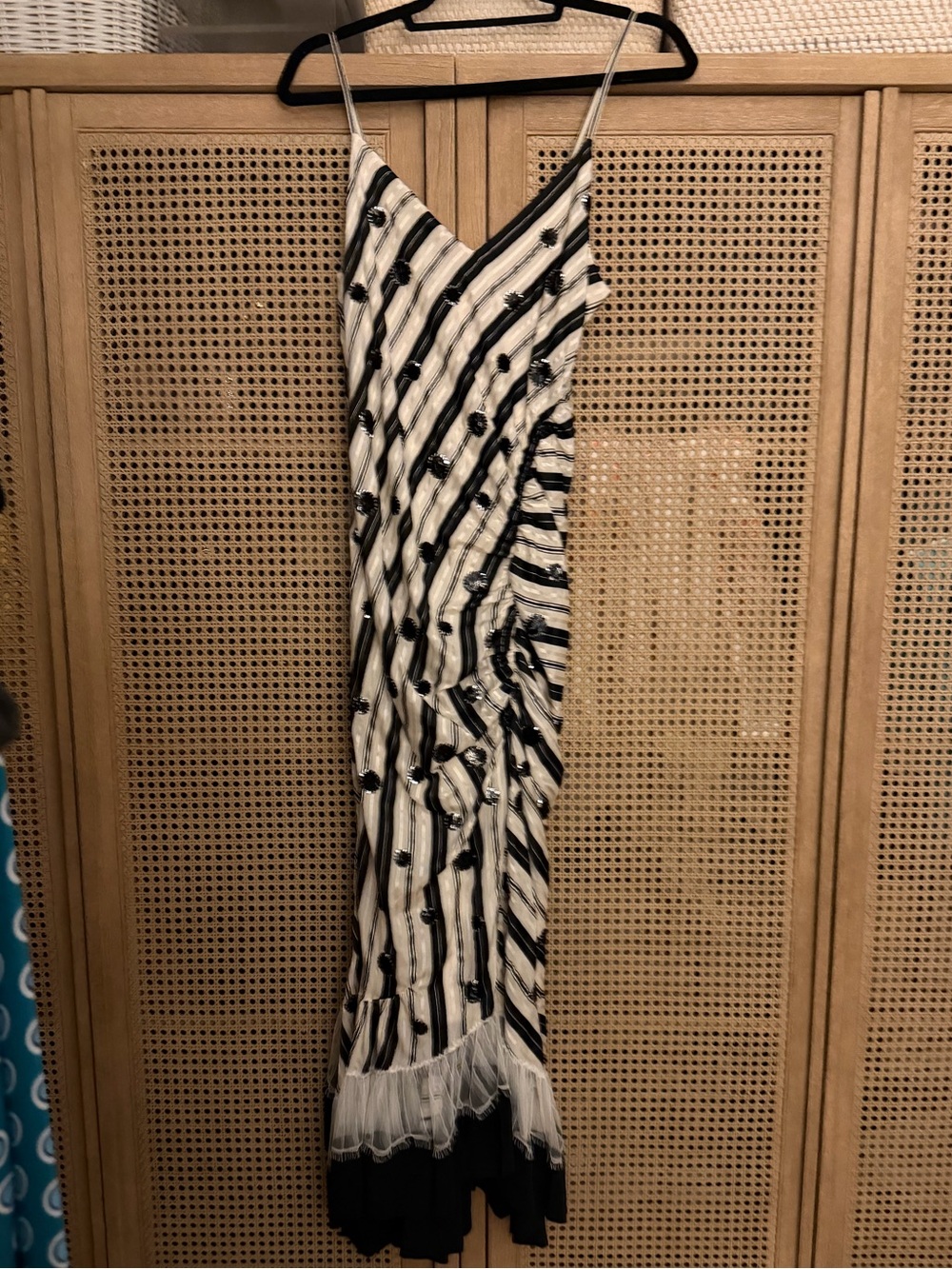 Tory Burch Black & White Striped sequin embroidered silk midi dress NWT size 8